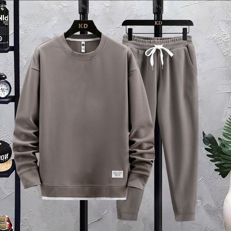 Waffle Suit Men Autumn New Casual Sports Long Sleeved Thin Sweatshirt and Pants Two-piece Set Trendy Handsome Hip Hop Tracksuits