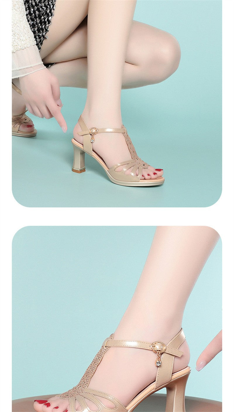 2025 New All-Match Thick Heel Thick Sole Fish Mouth Shoes Middle-Aged Women's Summer Elegant Mother Professional Sandals Fashion