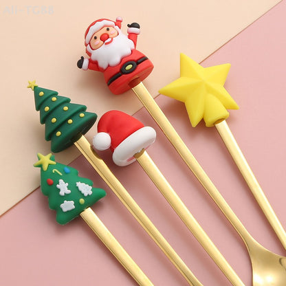 Stainless Steel Christmas Fork And Spoon Set with Gift Box for Coffee Tea Dessert Tableware