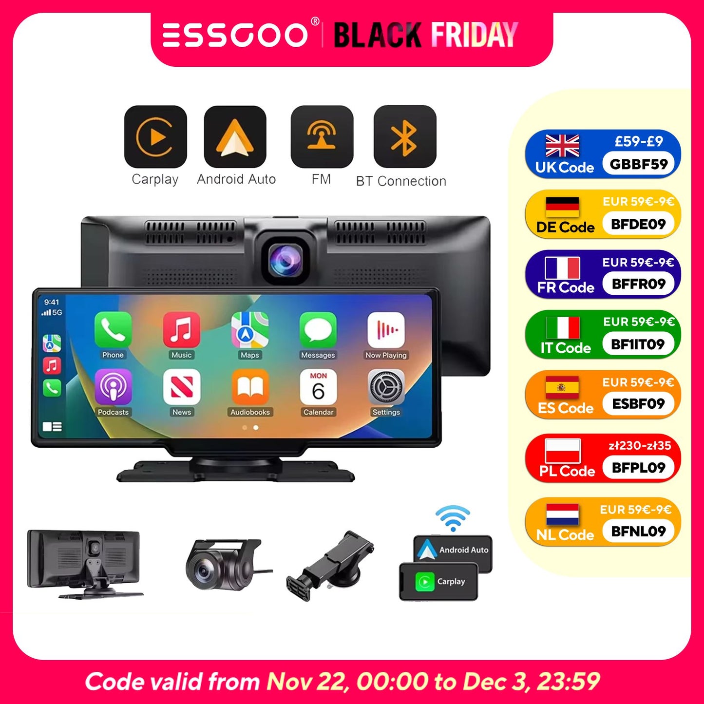 Gravador de vídeo automotivo DVR com tela sensível ao toque de 10,26" 4K, Apple CarPlay sem fio, Android Auto, lente dupla, câmera dupla DVR