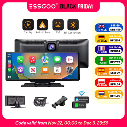 Gravador de vídeo automotivo DVR com tela sensível ao toque de 10,26" 4K, Apple CarPlay sem fio, Android Auto, lente dupla, câmera dupla DVR