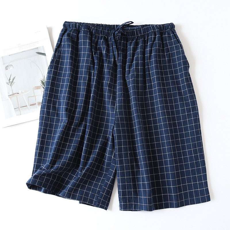 Plaid Design Sleepwear Men Pajama Shorts for Summer Thin Cotton Loose Double-layer Homewear Lounge Wear Checkered Pj Pants