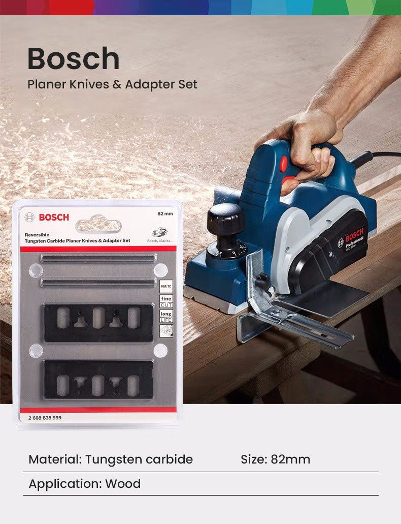 Faca de 82mm Reversível de Metal Duro para Plaina e Conjunto Adaptador Bosch para GHO6500/10-82/20-82