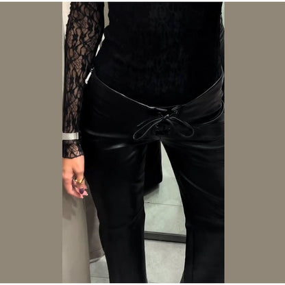 2026 New Solid Black Leather Long Pants For Women Y2K Casual Tie Up Drawstring Flared Trousers Female Chic Street Bell-bottoms