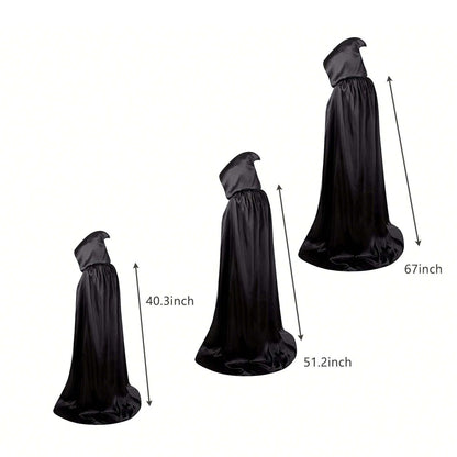 1 Piece of Halloween Cape with 3 Sizes Available. It is a black Grim Reaper cloak made of satin, featuring a stand-up collar