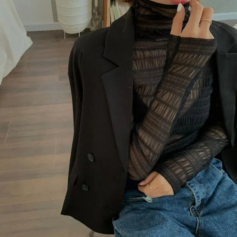 New Women Floral Lace Shirt Spring Autumn Long Sleeve Sexy Mesh Bottoming Shirts Mock Neck Blouse T-Shirt Pullover Top