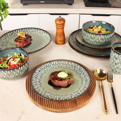 Conjuntos de Louça de 16 Peças – Louça Redonda de Cerâmica Esmaltada Reativa – Louça de Cozinha de Porcelana com Prato de Jantar, Tigela e P