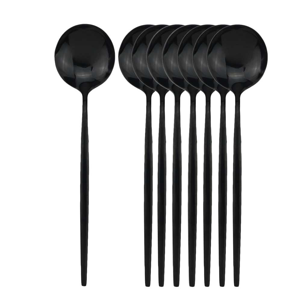 8 colheres de mesa de jantar, talheres de aço inoxidável, prateado, talheres dourados, utensílios de cozinha, talheres pretos.