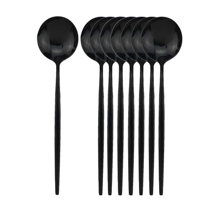 8 colheres de mesa de jantar, talheres de aço inoxidável, prateado, talheres dourados, utensílios de cozinha, talheres pretos.
