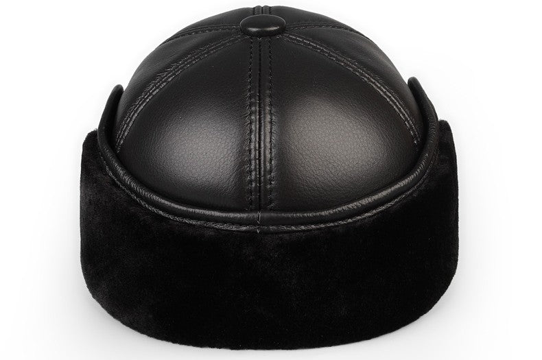 High Quality Genuine Leather Hats Winter First Layer Cowhide Warm Earmuffs Bomber Caps Plus Velvet Thicken Man Bone Caps Dad Hat