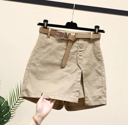 Chic Shorts Women Belt Korean Solid Buttons Side Slit A-line Streetwear Fashion Skirts Chic Harajuku Summer Loose Pants