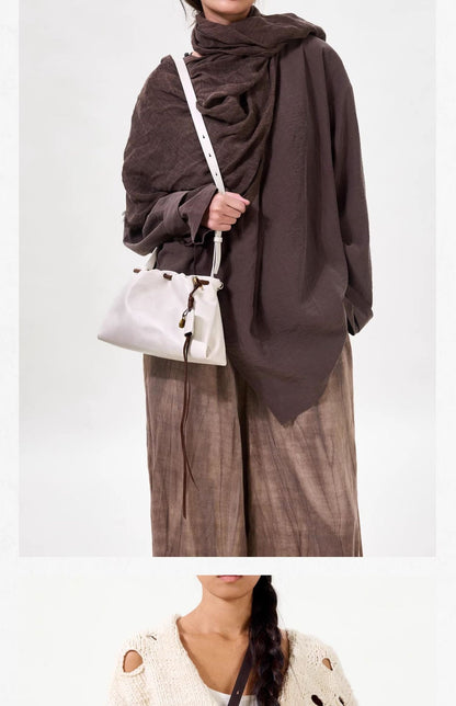 Songmont Genuine Leather Mini Bucket Bag Adjustable Drawstring Multi Straps White Black Blue Casual Chic Crossbody Bag Oversized