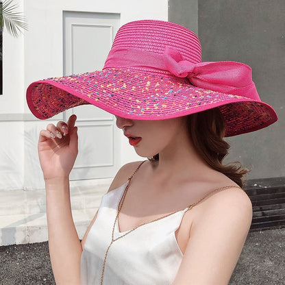 Chapéu de sol de palha feminino, estilo coreano, aba grande, à prova de sol, chapéu de férias dobrável, para praia e ar livre.  ????  ??