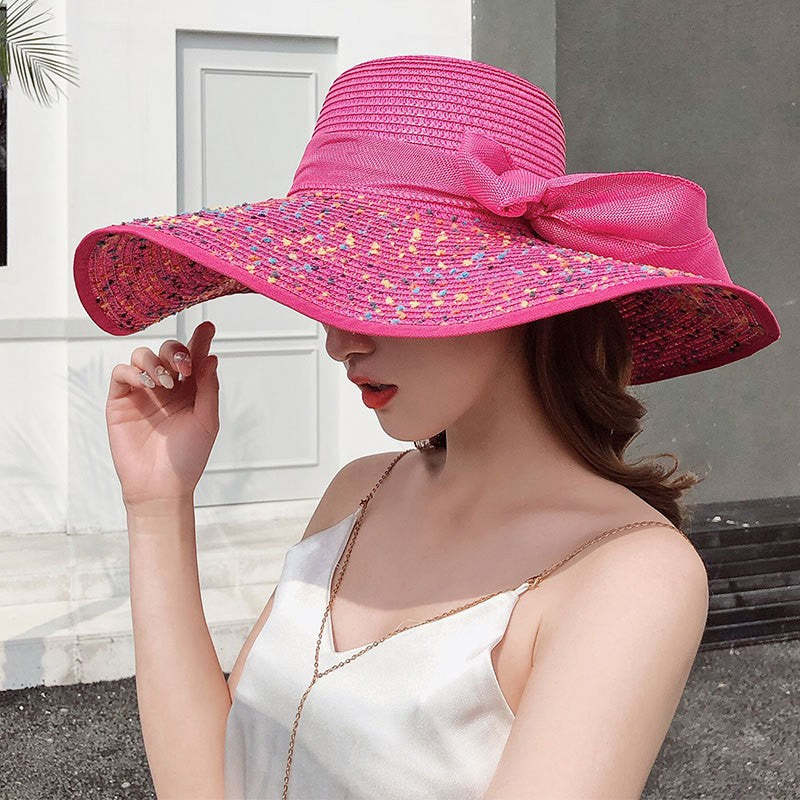 Chapéu de sol de palha feminino, estilo coreano, aba grande, à prova de sol, chapéu de férias dobrável, para praia e ar livre.  ????  ??