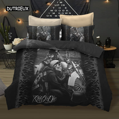 Black Duvet Cover Human Skeleton Bedding Set Horror Skull Motorcycle and Beauty Duvet Cover Single Double Queen King Size Decor