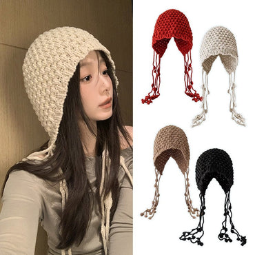 Autumn Winter Women's Hat Hand-knitted Woolen Tassel Cap Beanie Fashion Ear-protecting Cap Outdoor Warmth Headscarf Hat