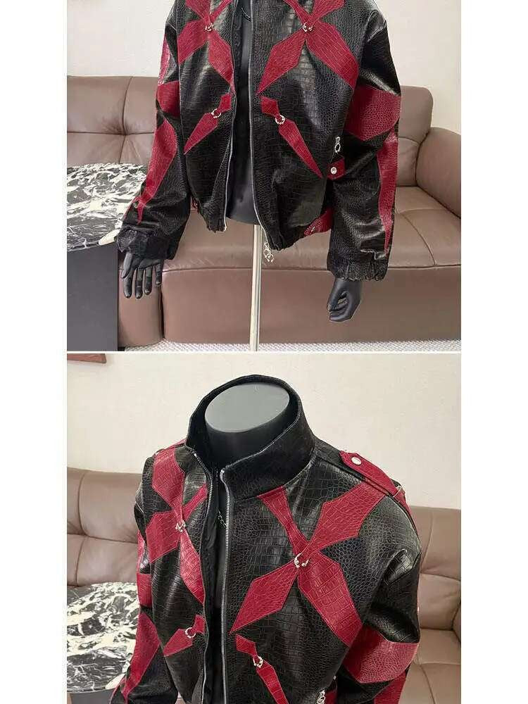 PFHQ Men's PU Leather Jacket 2025 Zipper Stand Collar Contrast Color Korea Fashion Darkwear Male Tops Casual 21E2807