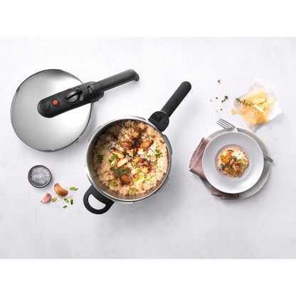 Panela de Pressão/Tampa de Pressão a Vapor EcoQuick II, Diâmetro 22 cm, 6 L, para Todos os Fogões Incluindo Indução, Aço Inoxidável 18/10