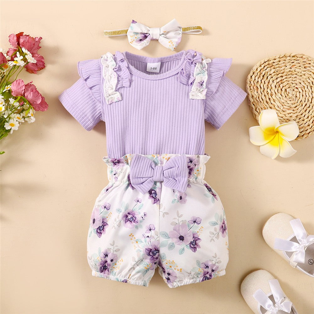 0-18Months Baby Girl Clothes Set Purple Short Sleeve Romper + Flowers Shorts with Headband Toddler Girl Summer 3PCS Outfit