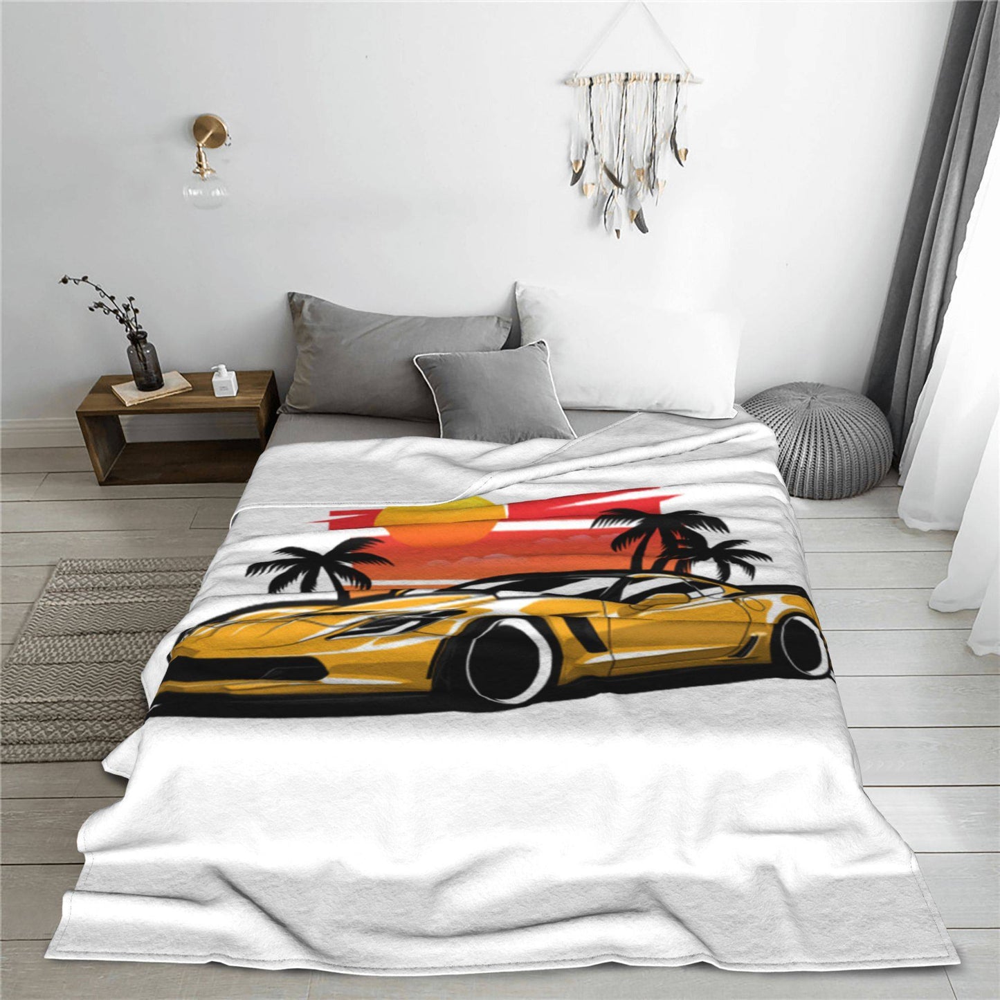 Manta de Lã Amarela Corvette Z06 Pôr do Sol Palmeiras Mantas de Pelúcia Quentes Roupa de Cama Macia para Cama Sala de Estar Casa Piquenique Sofá