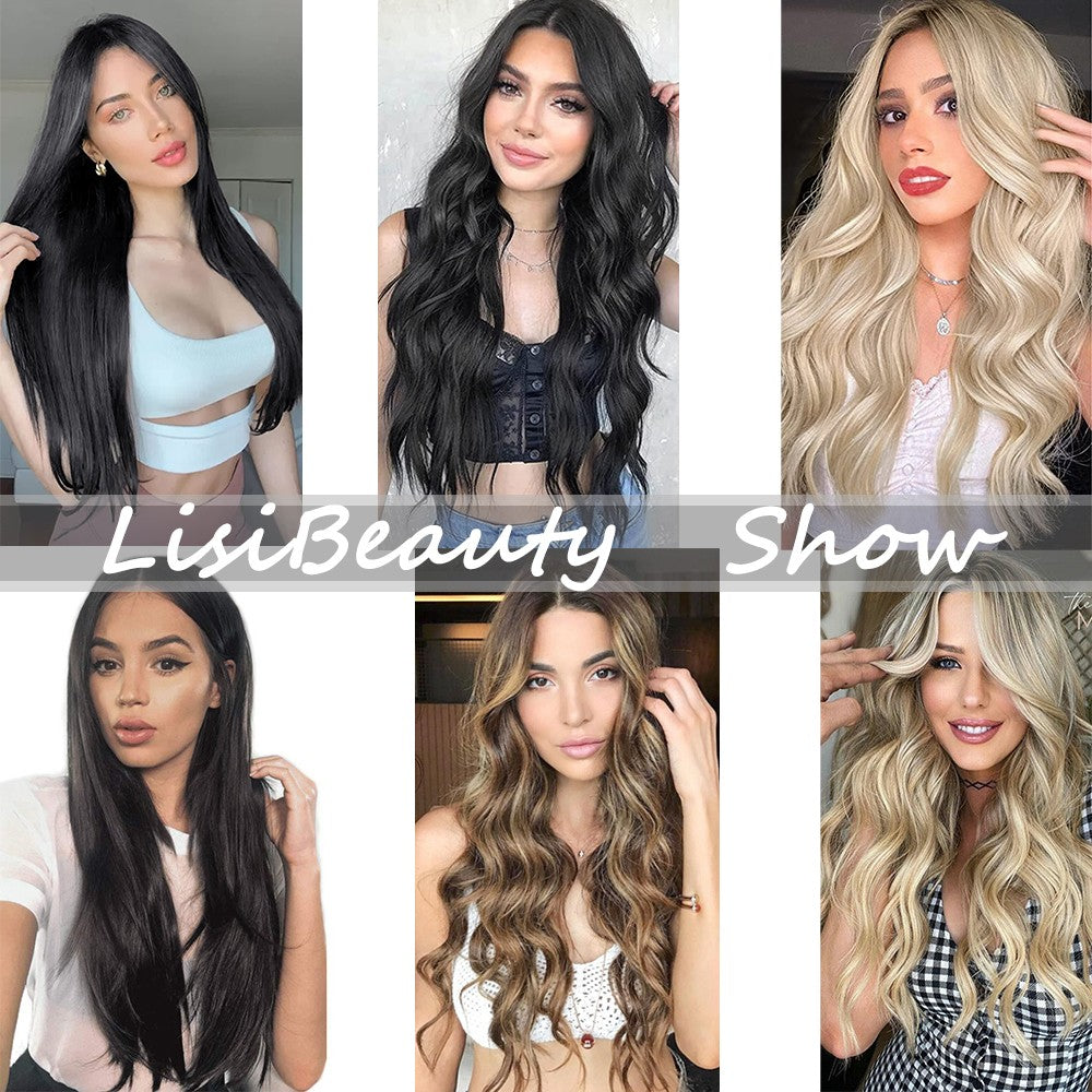 7 peças/conjunto de aplique de cabelo com 16 grampos, preto, longo e liso, cabelo natural, aplique de cabelo ombre, fibra resistente ao calor para penteado feminino