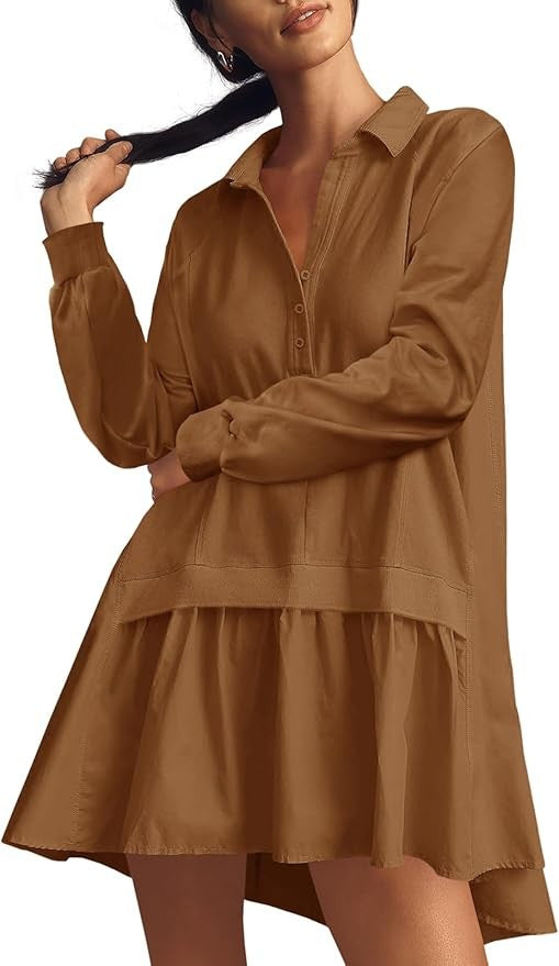 Fisoew Womens Grunge Aesthetic Dress Long Sleeve V Neck Oversized Pullover Loose Fit Mini Tennis Dress Y2K Style