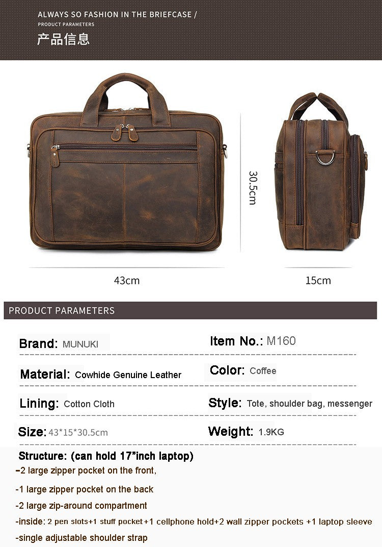 High Quality Genuine Leather Men Briefcase Business bag Crazy Horse Leather Large 17"inch Laptop Bag male Portfolio Office Case