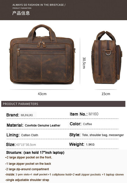 High Quality Genuine Leather Men Briefcase Business bag Crazy Horse Leather Large 17"inch Laptop Bag male Portfolio Office Case
