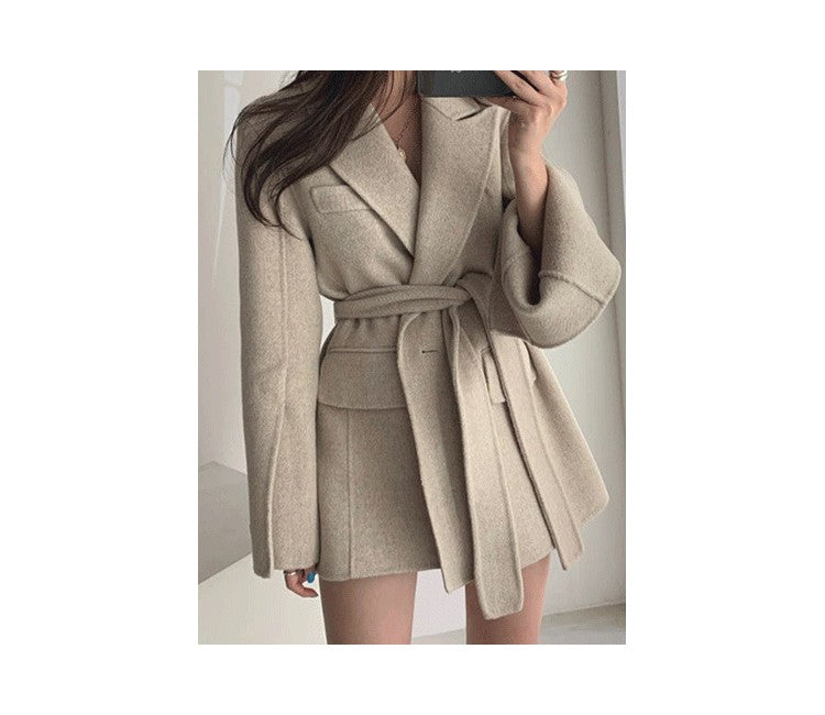 Retro Chic Autumn Winter Woolen Coat One Button Long Sve Suit Collar Waist Cinched Side Slit Warm Knitwear for Women