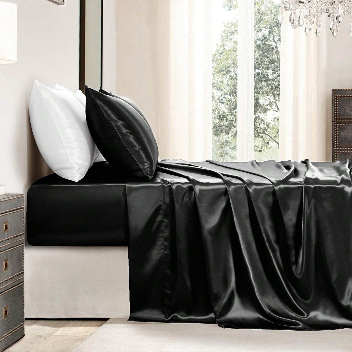 Conjunto de Lençóis Sedosos e Luxuosos de 3/4 Peças, Lençóis Macios de Bolso Profundo, Conjunto de Cama Refrescante, 1 Lençol de Elástico, 1 Lençol de Cima, 1/2 Fronhas