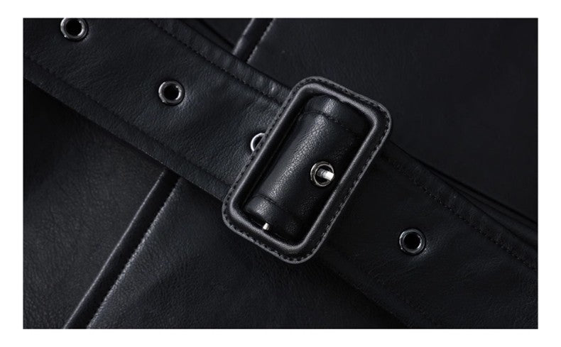 Lautaro Spring Autumn Extra Long Black Pu Leather Trench Coat for Women with Back High Slit Luxury Chic European Fashion 2024