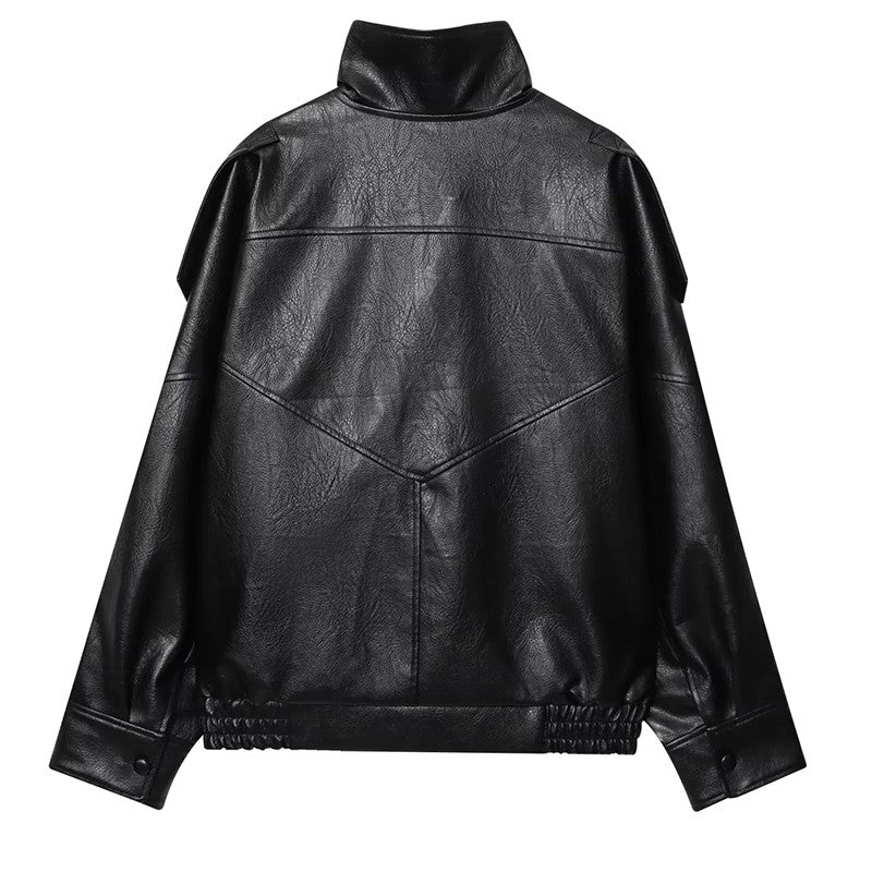 HXAO Faux Leather Jacket Coat Demi-Season Black Bomber Jacket Outerwears Long Sleeve Snap Button Cropped Motorcycle Jacket
