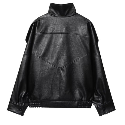 HXAO Faux Leather Jacket Coat Demi-Season Black Bomber Jacket Outerwears Long Sleeve Snap Button Cropped Motorcycle Jacket