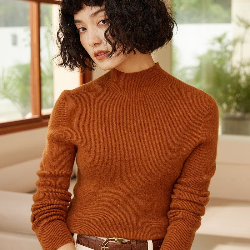 Autumn and winter new women's 100% pure cashmere semi high neck pullover sweater knitted slim fit hot selling women's top