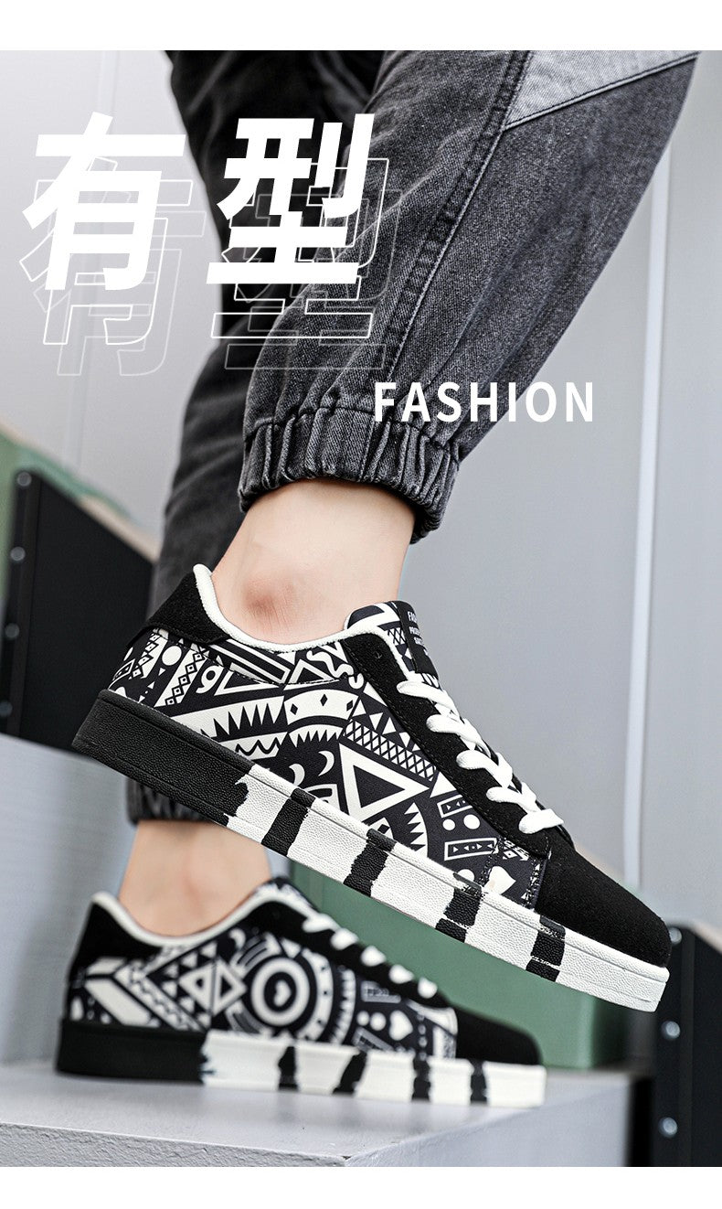 YRZL Men's Sports Running Shoes Canvas Geometric Style Lace-Up Sneakers Couples' Fashionable Graffiti Print Skate Shoes Men