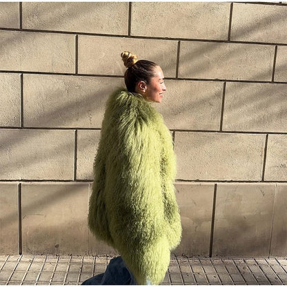 Fashion Solid Plush Faux Fur Coat Women Elegant Warm Long Sleeves Loose Jacket 2025 Lady Winter Chic High Street Outerwear ?