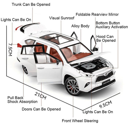 Miniaturas de carros Highlander RAV4 em liga fundida escala 1:24, com som, luz, portas que abrem, função de fricção e absorção de choque – Presente para meninos