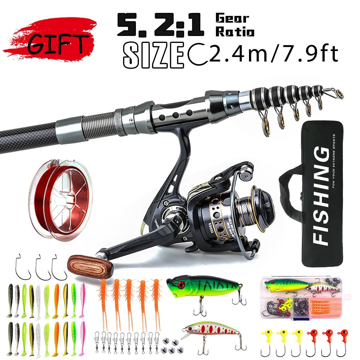 1.8-3m Carbon Fiber Fishing Rods and Reel Combo Super Hard Telescopic Fishing Pole Spinning Reel Kit