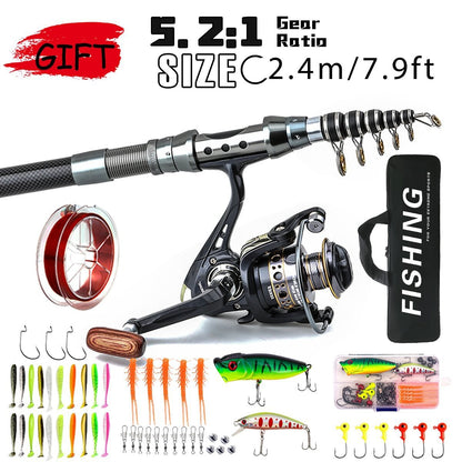 1.8-3m Carbon Fiber Fishing Rods and Reel Combo Super Hard Telescopic Fishing Pole Spinning Reel Kit