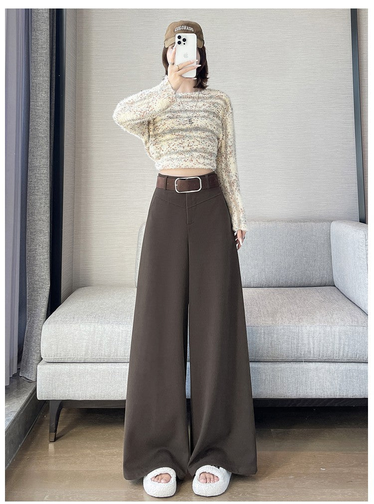 Grey Woolen Wide-leg Suit Pants Women 2025fall Winter New High-waisted Draping Straight-leg Casual Floor-length Thick Trouser