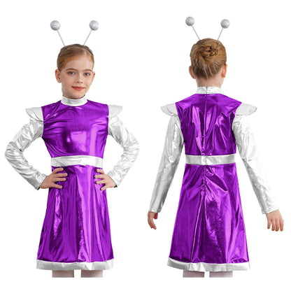 Kids Alien Cosplay Costume Outfits Boys Girls Metallic Shiny Alien Jumpsuit Halloween Full Length Bodysuit with Hair Hoop Suit