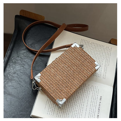 Couple's Sling Bag Straw Weaving with Corner Metal Decoration Boxy Shape Doctor Bag for Date Back to School Party Shoulder Bag