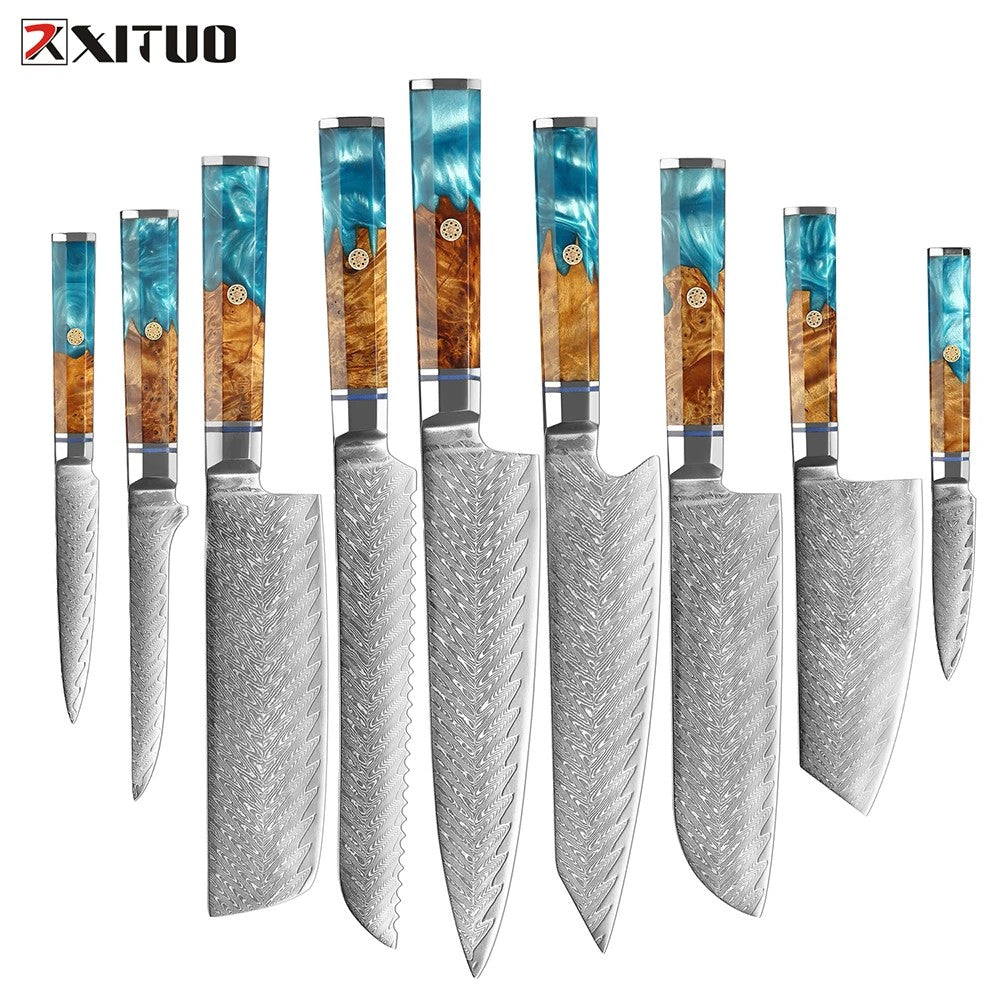 XITUO Damascus Steel Knife Set 1-9PCS Japanese Chef Knife, Santoku, Bread, Utility & Boning Knives-Ultra Sharp, Octagonal Handle