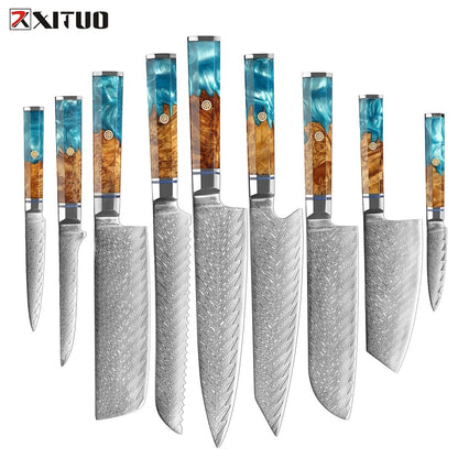 XITUO Damascus Steel Knife Set 1-9PCS Japanese Chef Knife, Santoku, Bread, Utility & Boning Knives-Ultra Sharp, Octagonal Handle