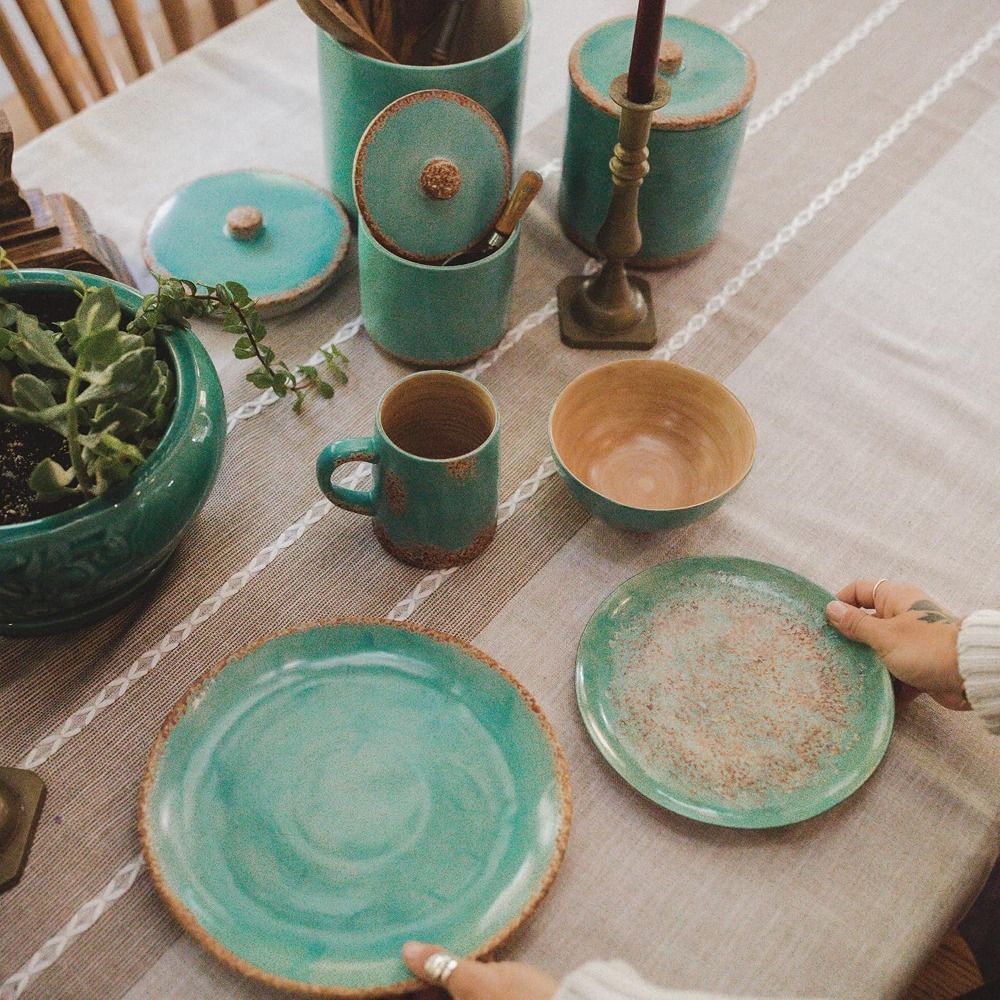 Patina Turquoise 16 Piece Ceramic Southwestern Rustic Cabin Dinnerware Set with Plates, Bowls and Mugs