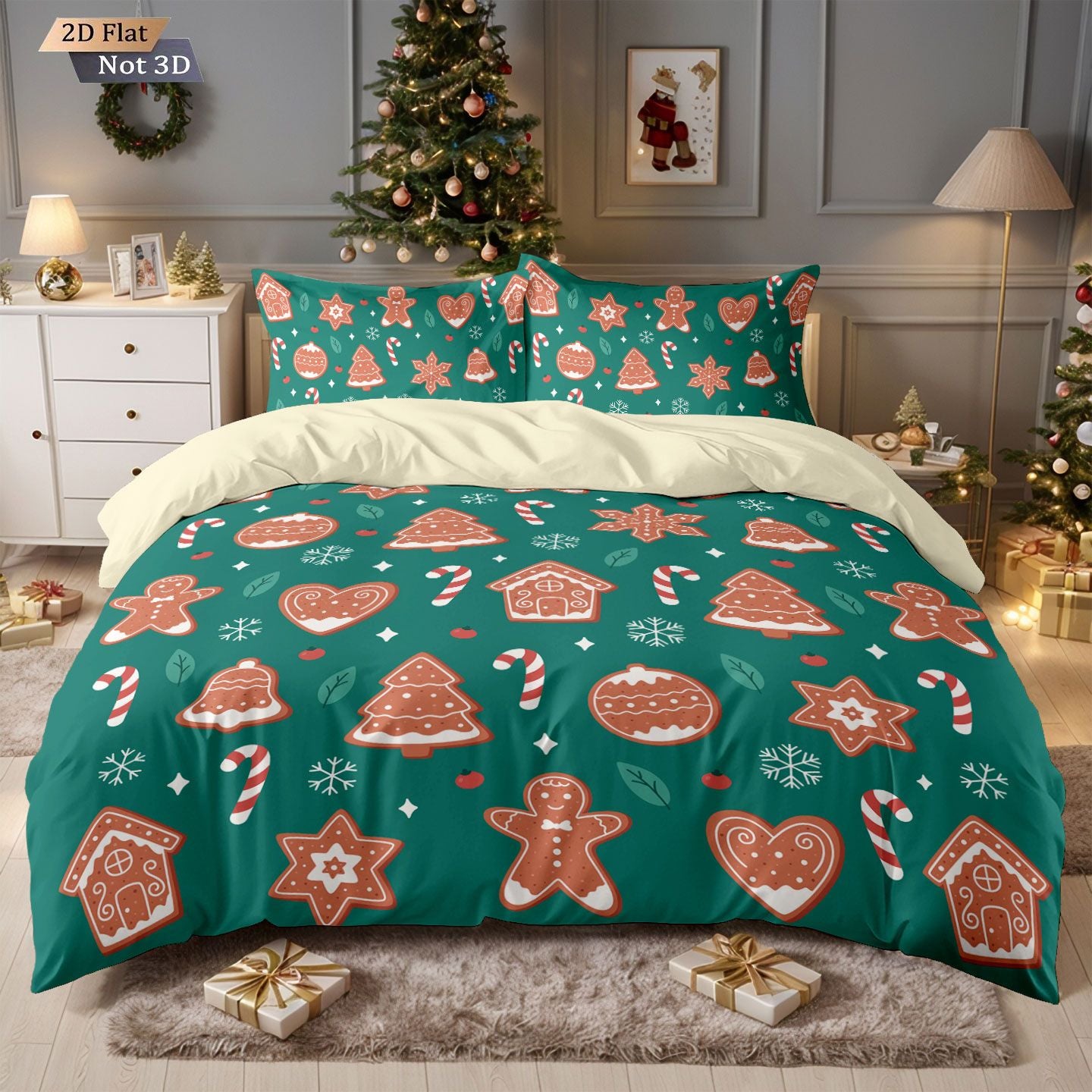 3pcs Merry Christmas Green Printed Chipless Quilt Set, Multi Size Soft Dormitory Bedding, Holiday Decoration Machine Washable