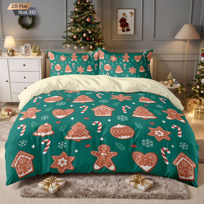 3pcs Merry Christmas Green Printed Chipless Quilt Set, Multi Size Soft Dormitory Bedding, Holiday Decoration Machine Washable
