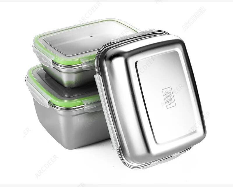 Organizadores de Alimentos de Cozinha em Aço Inoxidável com Tampas, Caixa de Armazenamento Refrigerada, Lancheiras Herméticas Anti-Vazamento
