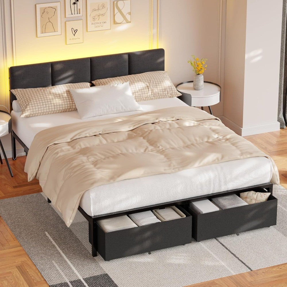 Queen Bed Frame with Headboard And Storage Drawer Upholstered Platform Bed Frame Queen Size with Charging Feature