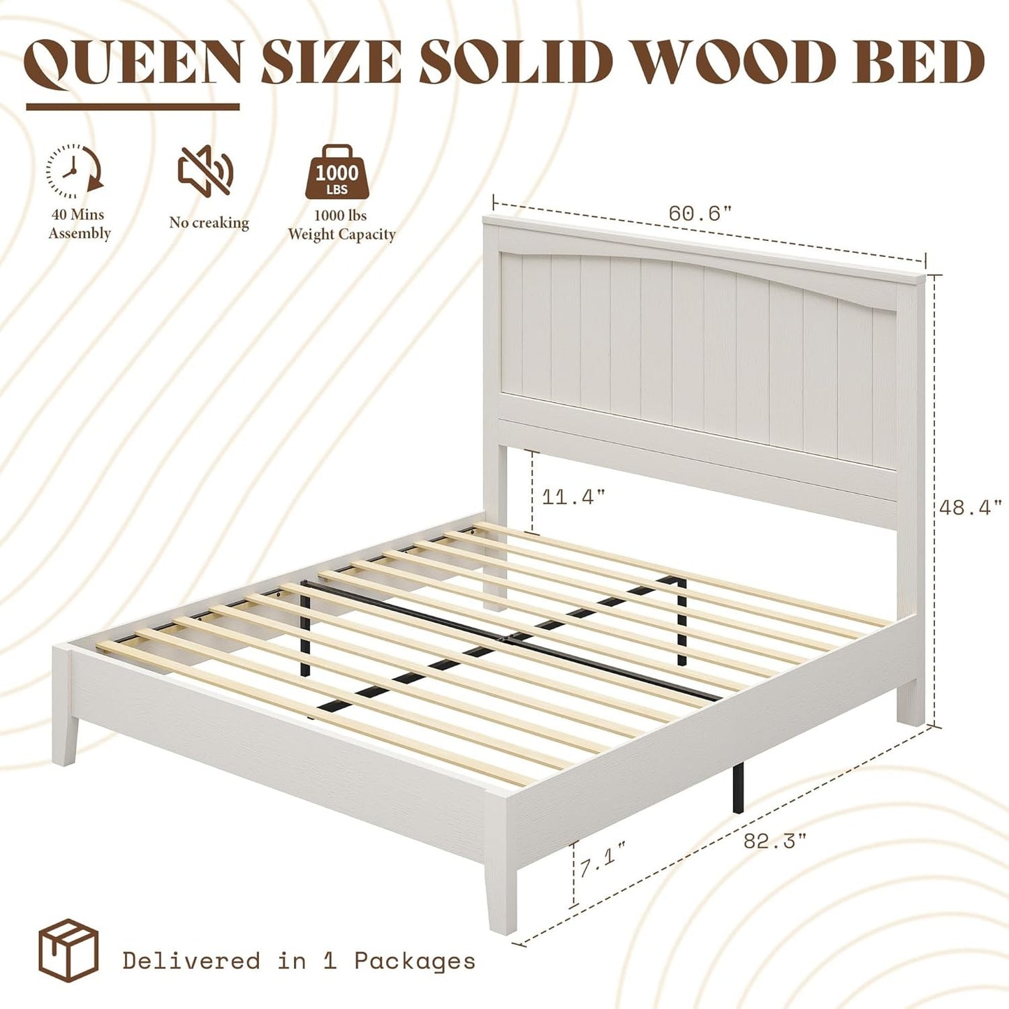Solid Wood Bed Frame with 48" Headboard, Mid-Century Modern Platform Bed with Durable Wooden Slats, No Box Spring Needed